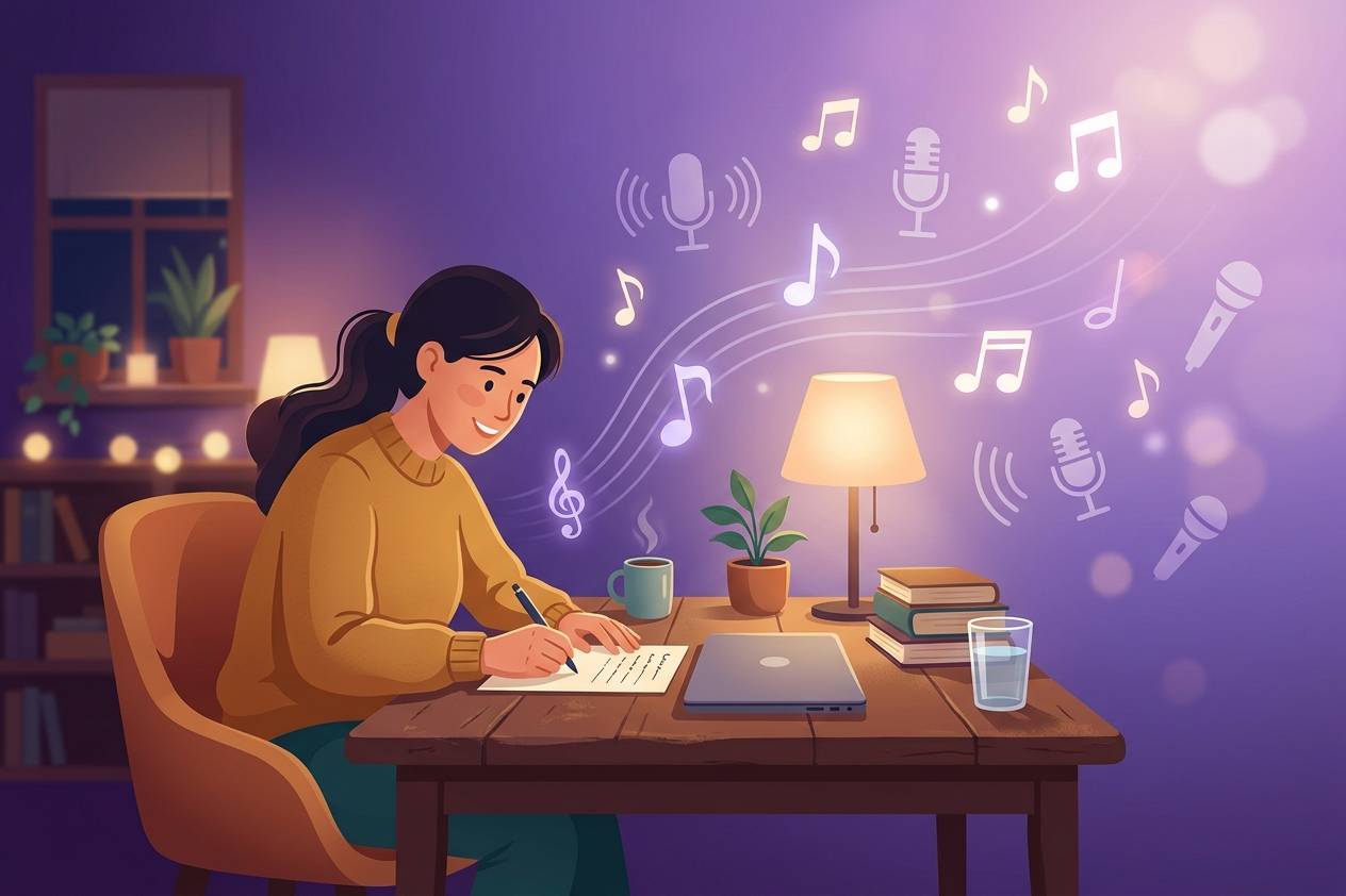 A person writing a message at a desk surrounded by music notes and microphones