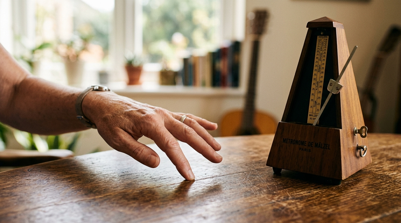 A musician's hand tapping a steady rhythm on a wooden table next to a metronome