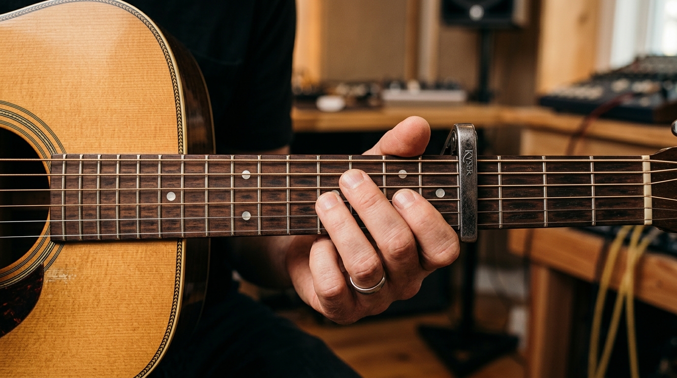 A musician's hands holding a guitar capo over an acoustic guitar fretboard