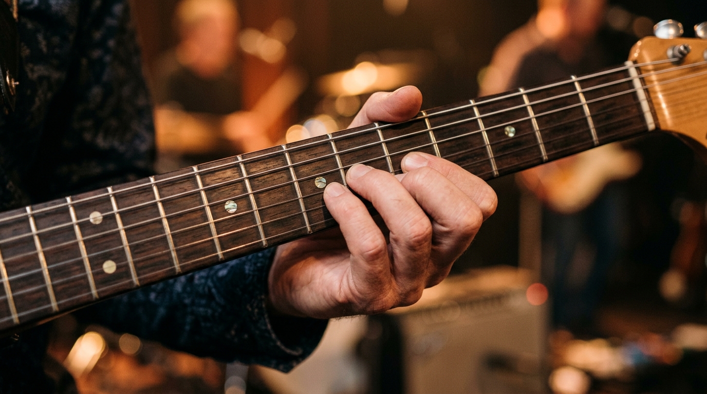 A close-up of an electric guitar fretboard showing a guitarist's left hand executing a vibrato technique