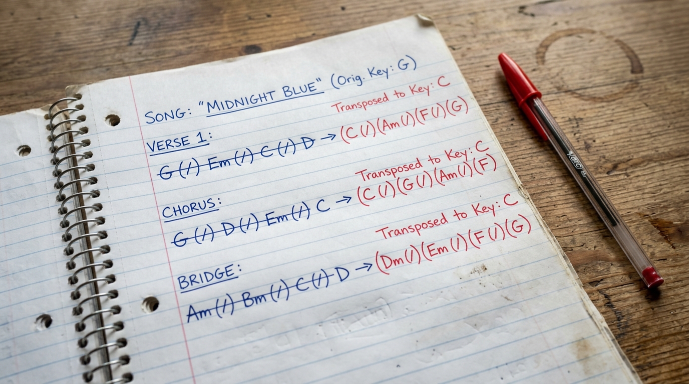 A close-up of a handwritten chord chart where original chords are crossed out and new transposed chords are written in red pen