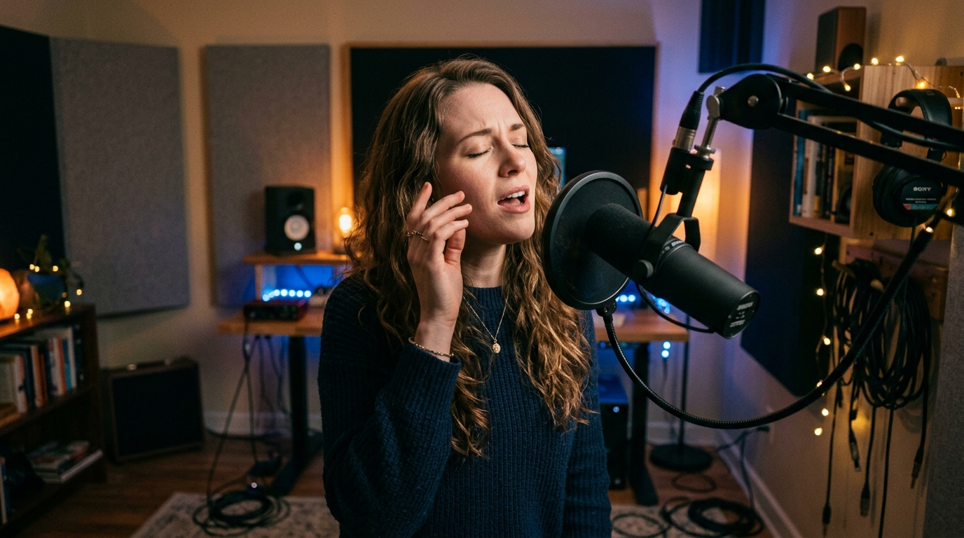 A singer in a home studio reaching for a high note in their head voice, with their hand raised slightly near their cheek