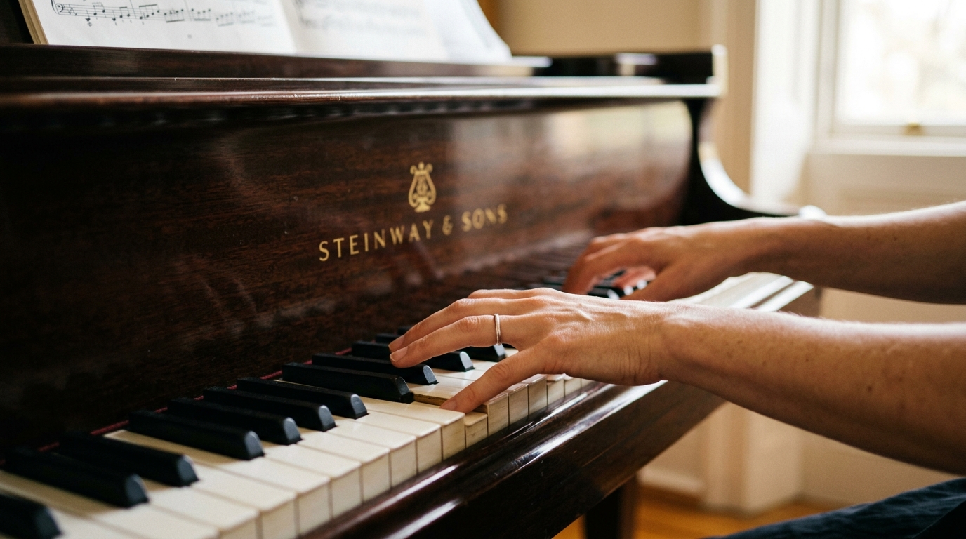 A beautiful close up of hands playing a scale on a grand piano keyboard