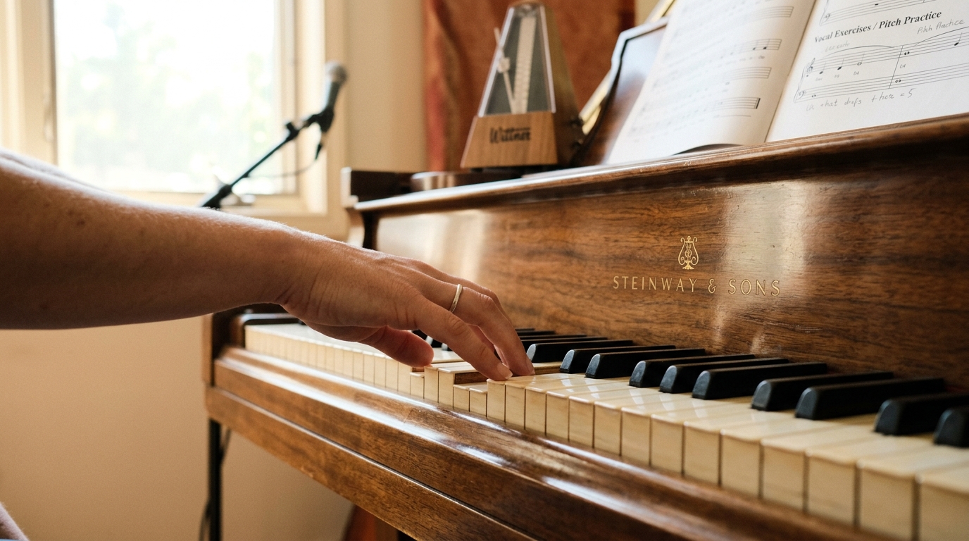 A close up photograph of a single hand pressing a key on a beautiful piano keyboard to test vocal pitch