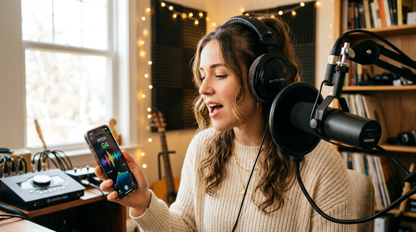 A close up of a singer wearing studio headphones and looking at a smartphone screen to check their pitch