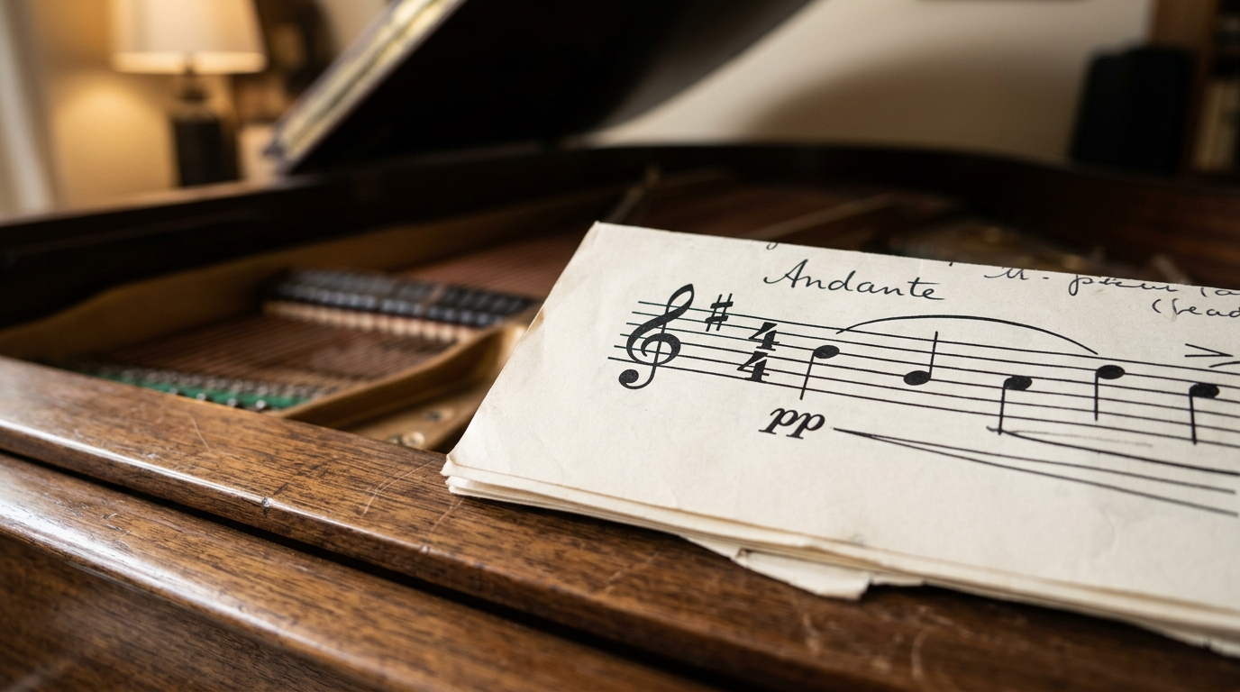 Close up of a 4/4 time signature on classical sheet music resting on a piano desk