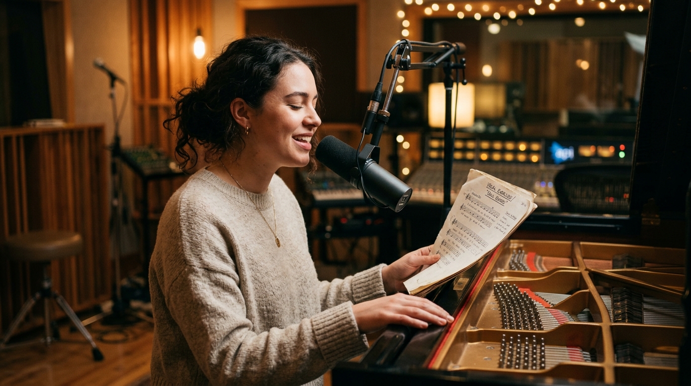 A cinematic close up photograph of a singer standing next to a grand piano in a studio
